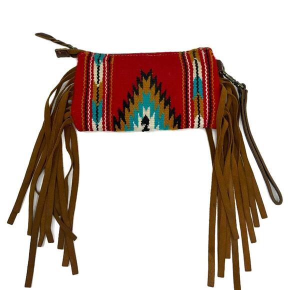 American Darling Tapestry Serape Fringed Wristlet Leather Clutch - Picture 4 of 12
